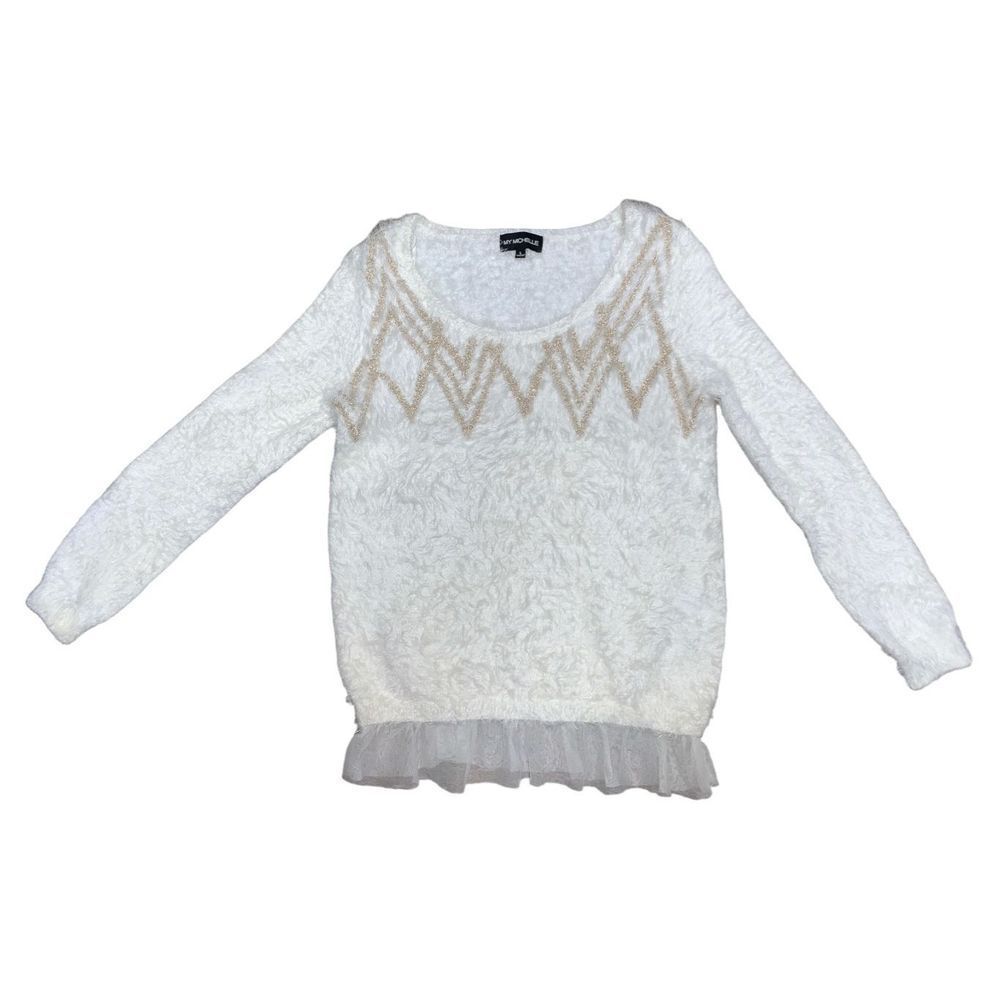 My Michelle, Girls White/Cream and Gold Fuzzy Sweater, Large, Used